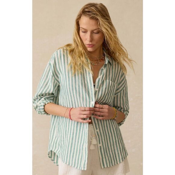NWOT Faherty Laguna Linen Relaxed Shirt - Deep Jungle Lucy Stripe, XS $168 G5 - Picture 1 of 9